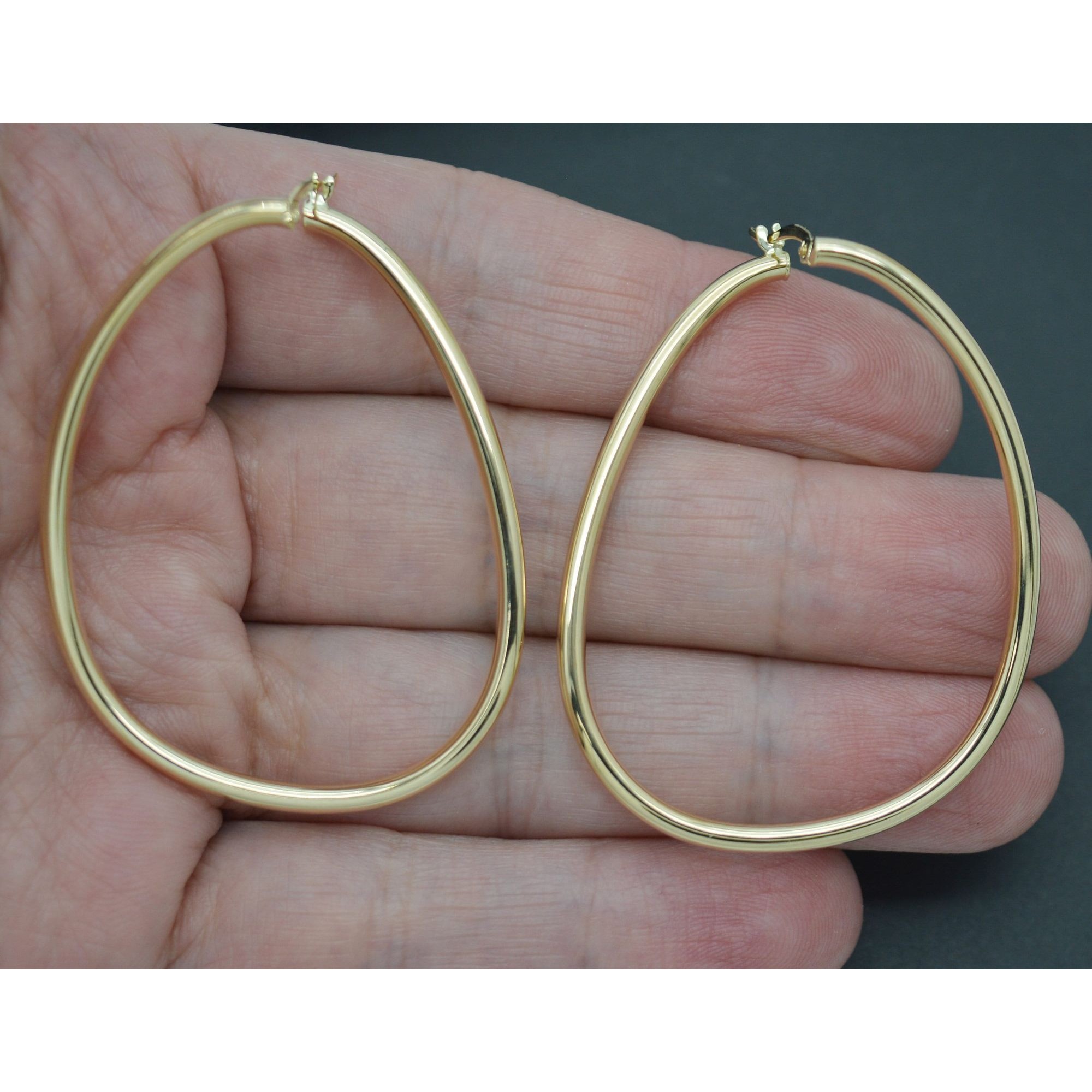 Real 14k Yellow Gold Shiny Polished Big Large Oval Hoop Earrings 3.3gr 2